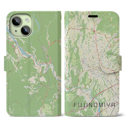【富士宮（静岡県）】地図柄iPhoneケース（手帳タイプ）ナチュラル・iPhone 15 用