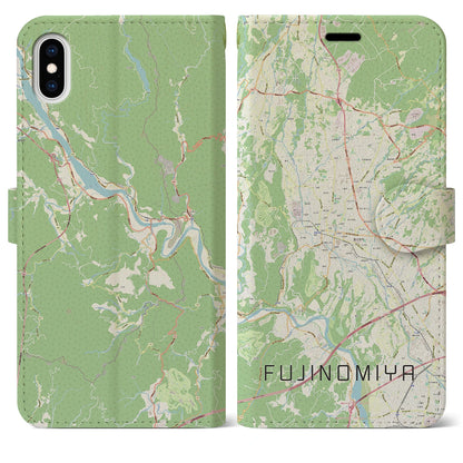 【富士宮（静岡県）】地図柄iPhoneケース（手帳タイプ）ナチュラル・iPhone XS Max 用