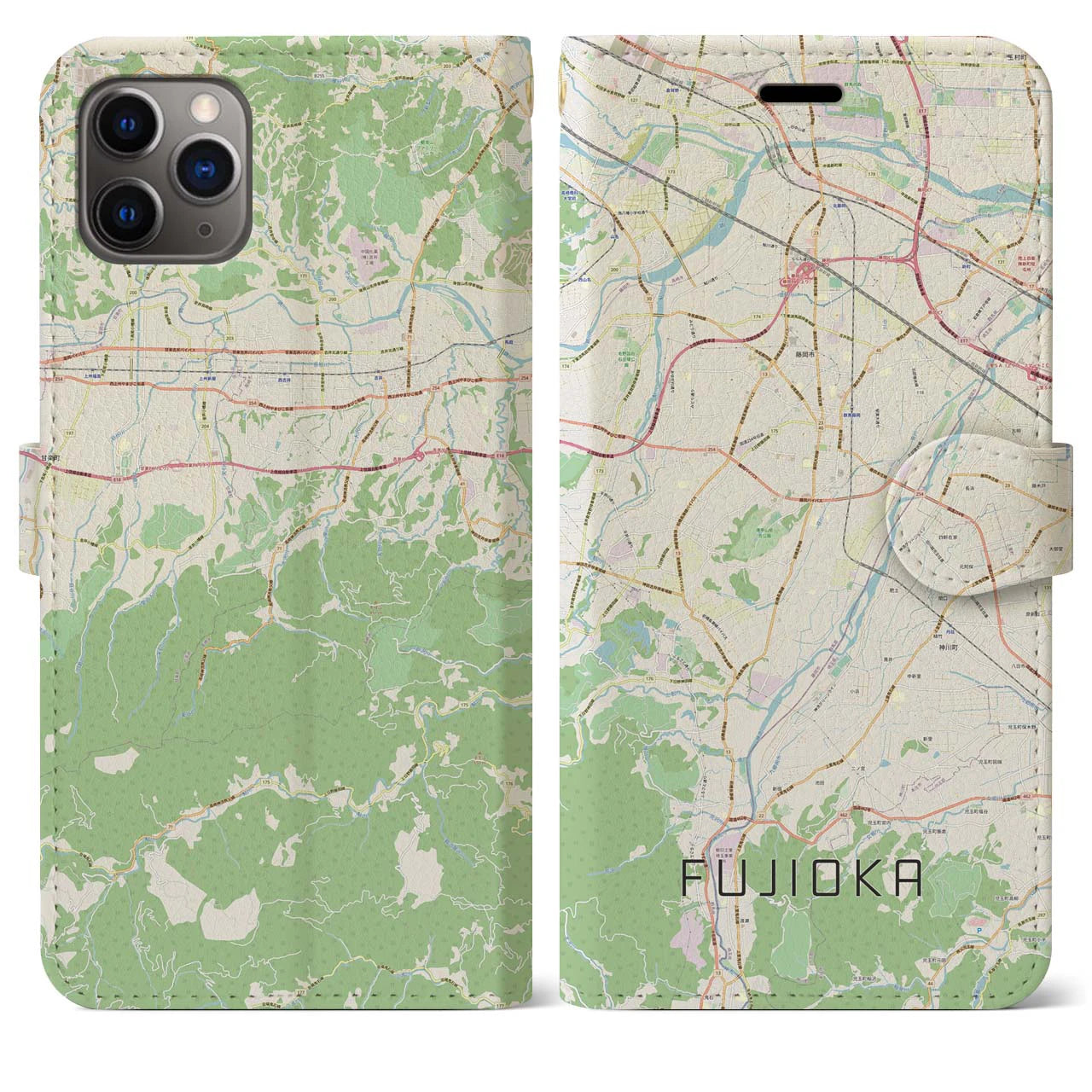 【藤岡】地図柄iPhoneケース（手帳両面タイプ・ナチュラル）iPhone 11 Pro Max 用
