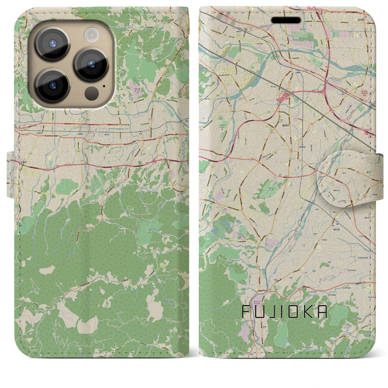 【藤岡】地図柄iPhoneケース（手帳両面タイプ・ナチュラル）iPhone 14 Pro Max 用