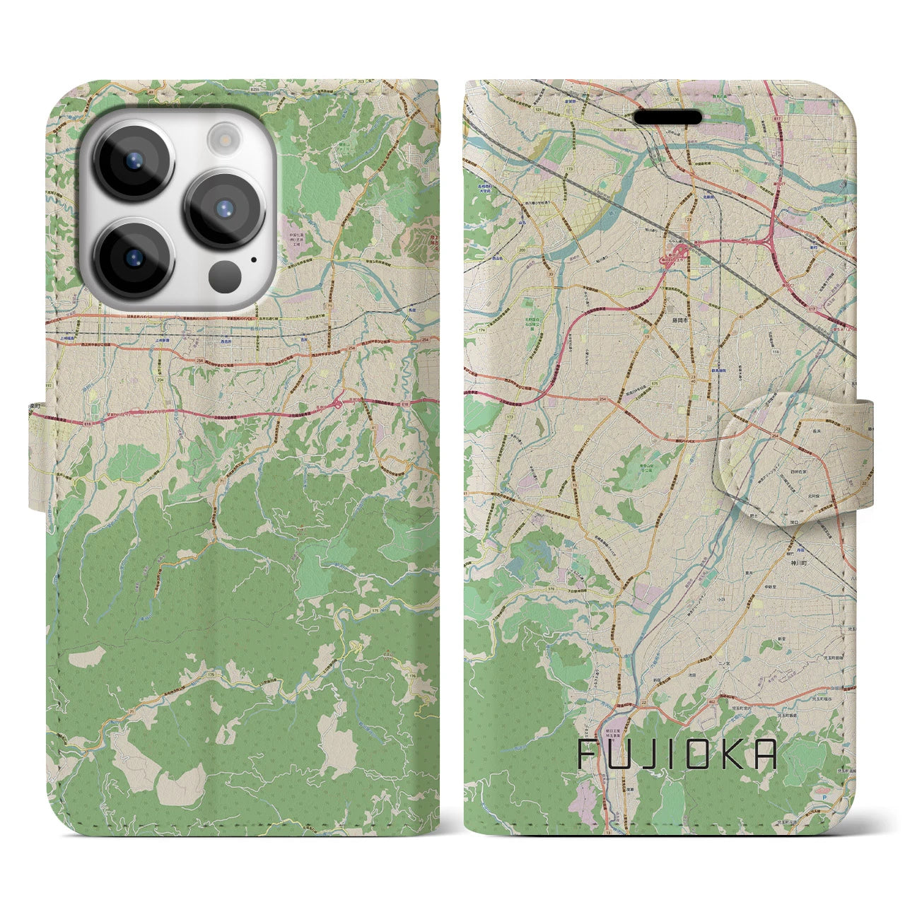 【藤岡】地図柄iPhoneケース（手帳両面タイプ・ナチュラル）iPhone 14 Pro 用