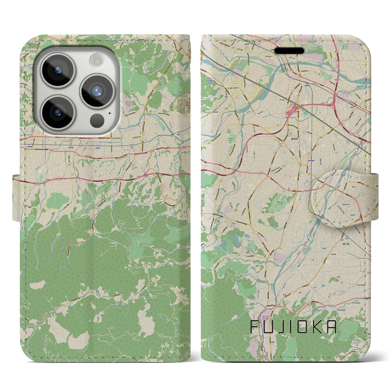 【藤岡】地図柄iPhoneケース（手帳両面タイプ・ナチュラル）iPhone 15 Pro 用