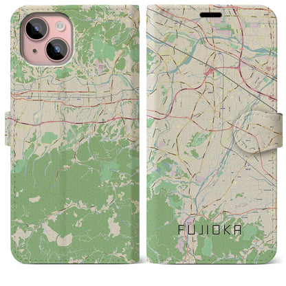 【藤岡（群馬県）】地図柄iPhoneケース（手帳タイプ）ナチュラル・iPhone 15 Plus 用
