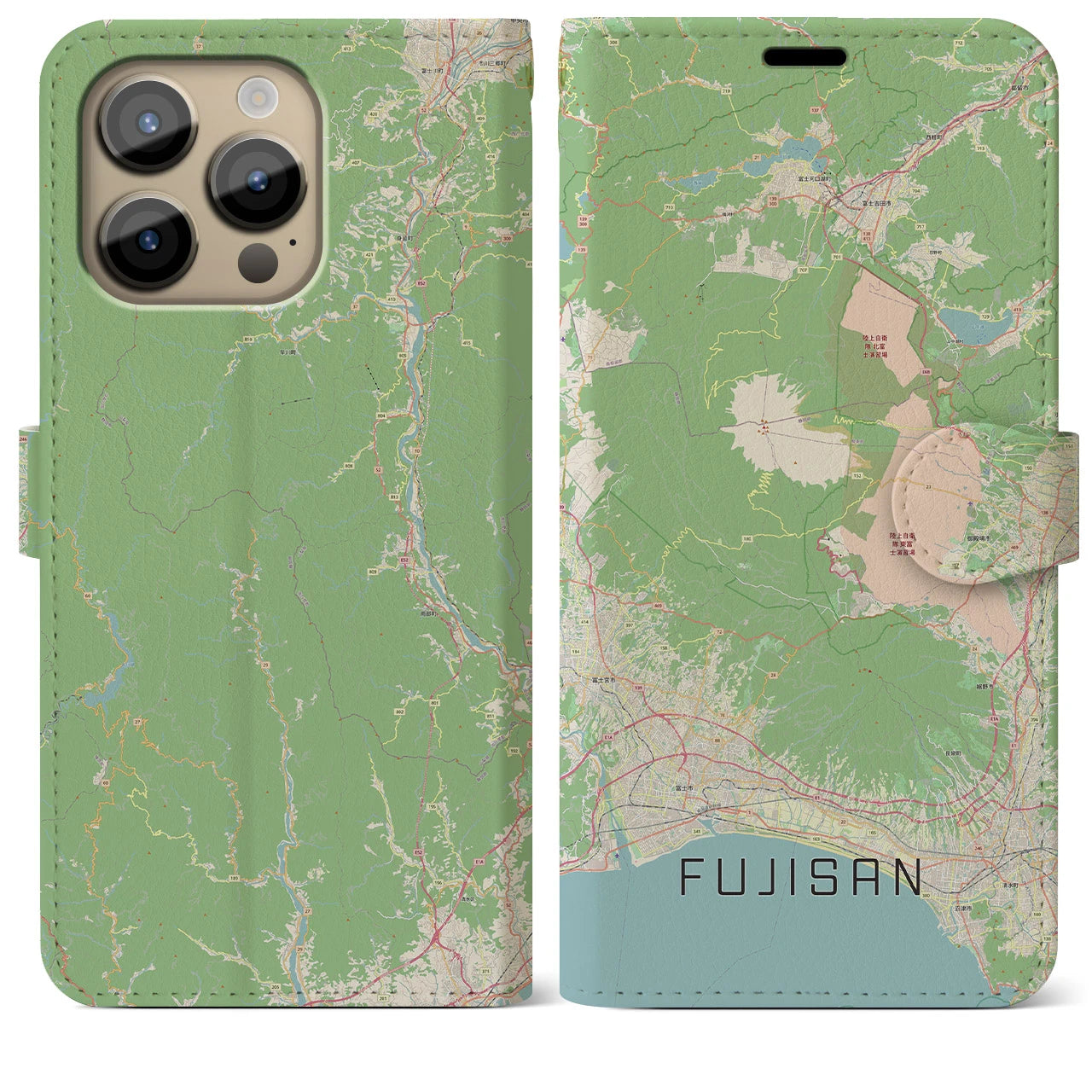 【富士山】地図柄iPhoneケース（手帳両面タイプ・ナチュラル）iPhone 14 Pro Max 用