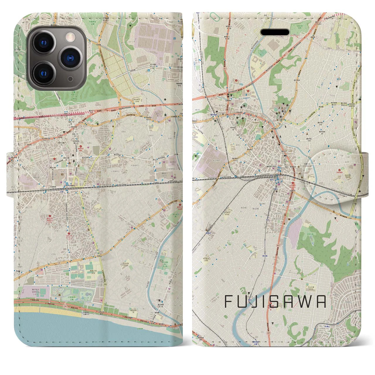 【藤沢】地図柄iPhoneケース（手帳両面タイプ・ナチュラル）iPhone 11 Pro Max 用