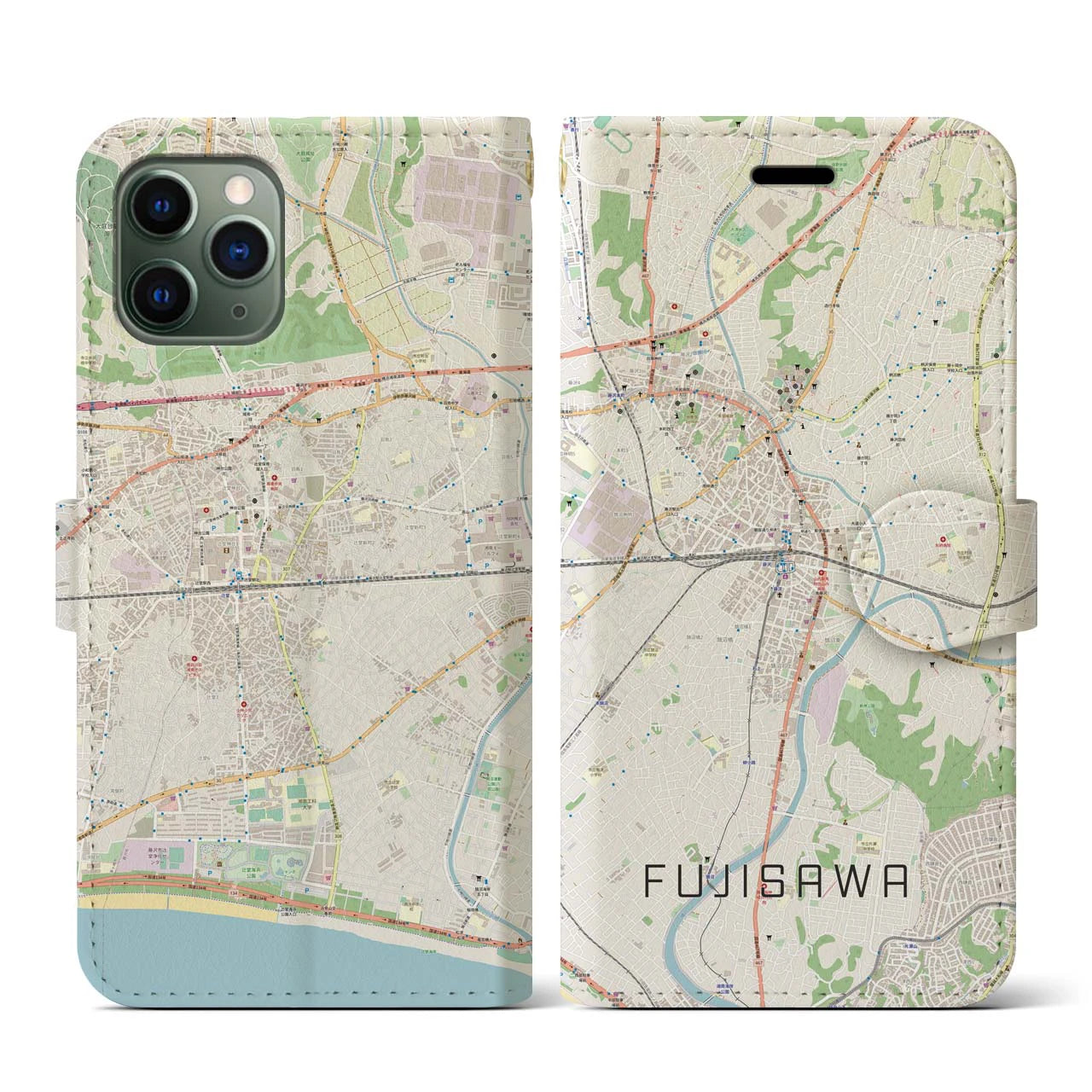 【藤沢】地図柄iPhoneケース（手帳両面タイプ・ナチュラル）iPhone 11 Pro 用