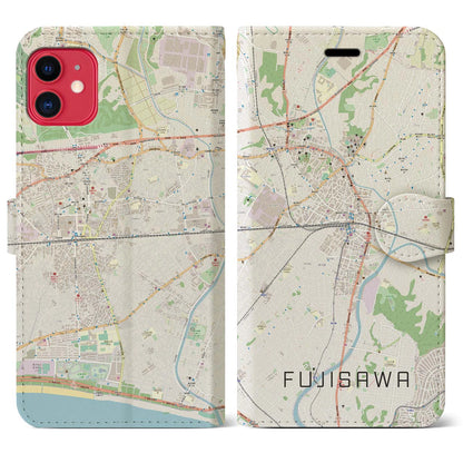 【藤沢（神奈川県）】地図柄iPhoneケース（手帳タイプ）ナチュラル・iPhone 11 用