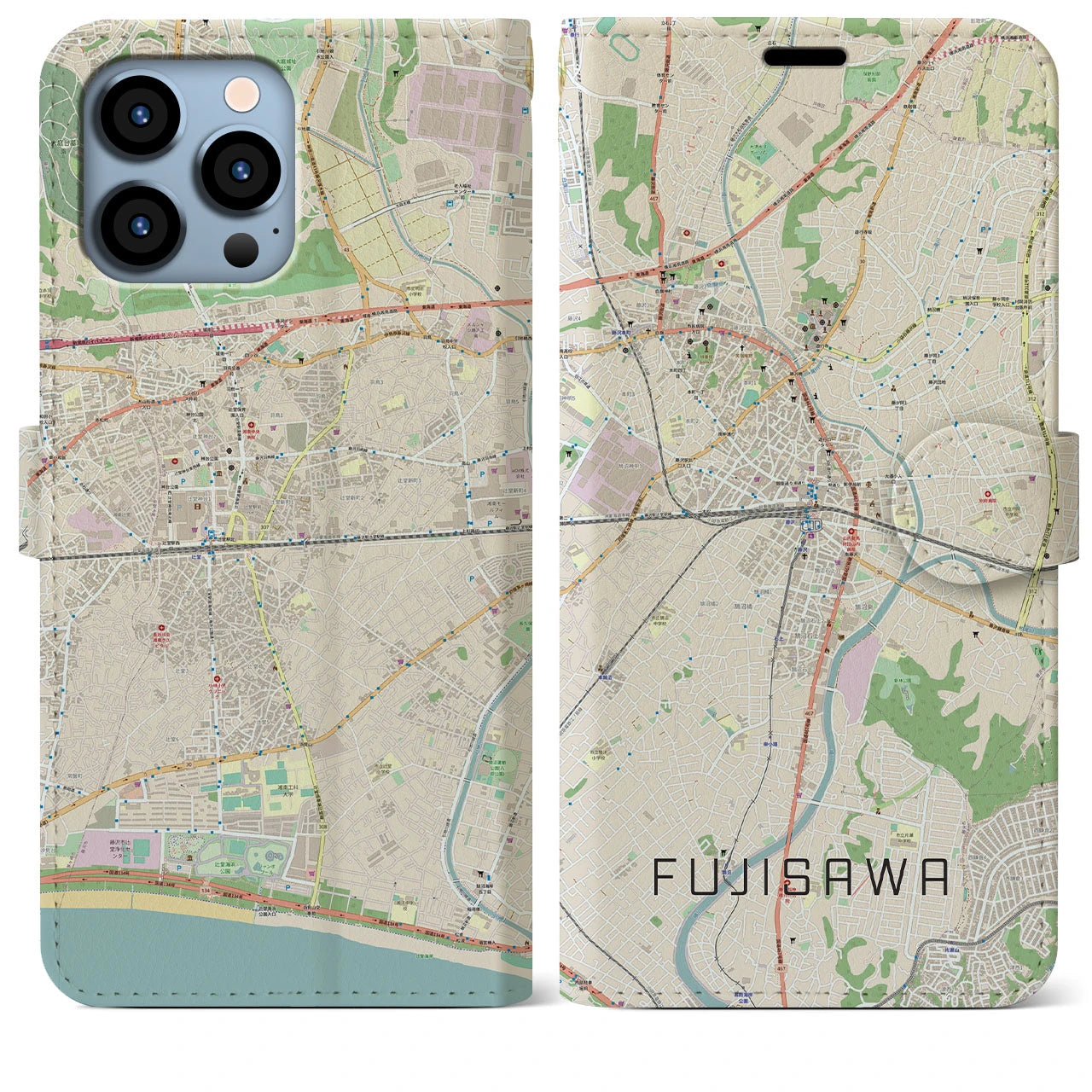 【藤沢】地図柄iPhoneケース（手帳両面タイプ・ナチュラル）iPhone 13 Pro Max 用