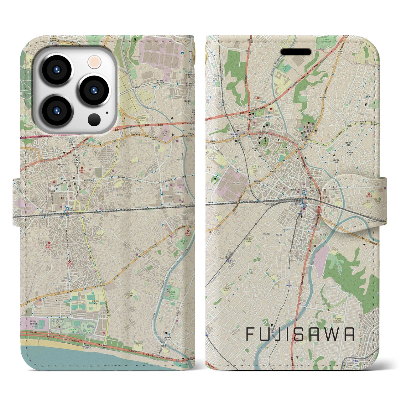 【藤沢】地図柄iPhoneケース（手帳両面タイプ・ナチュラル）iPhone 13 Pro 用