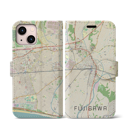 【藤沢（神奈川県）】地図柄iPhoneケース（手帳タイプ）ナチュラル・iPhone 13 mini 用