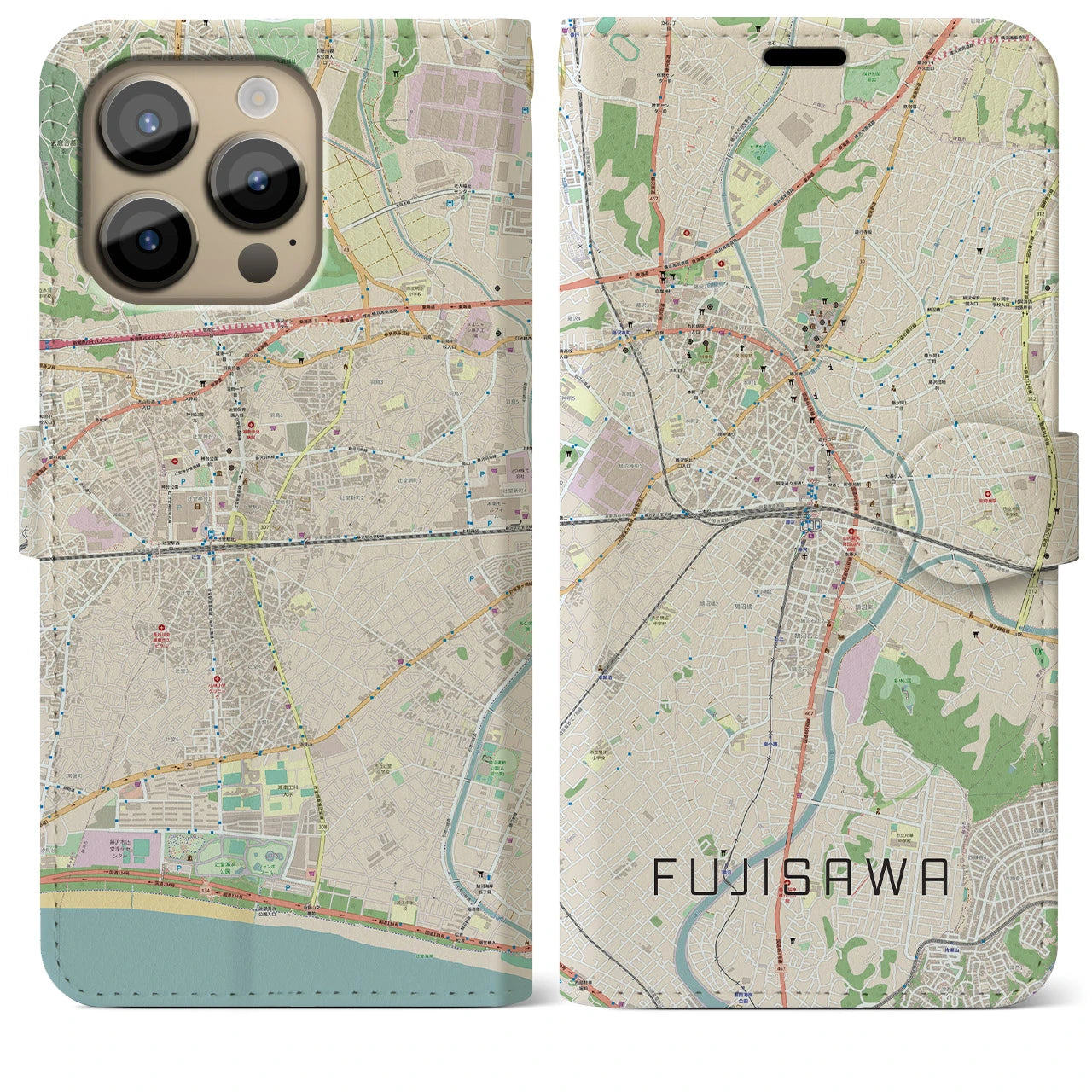 【藤沢】地図柄iPhoneケース（手帳両面タイプ・ナチュラル）iPhone 14 Pro Max 用