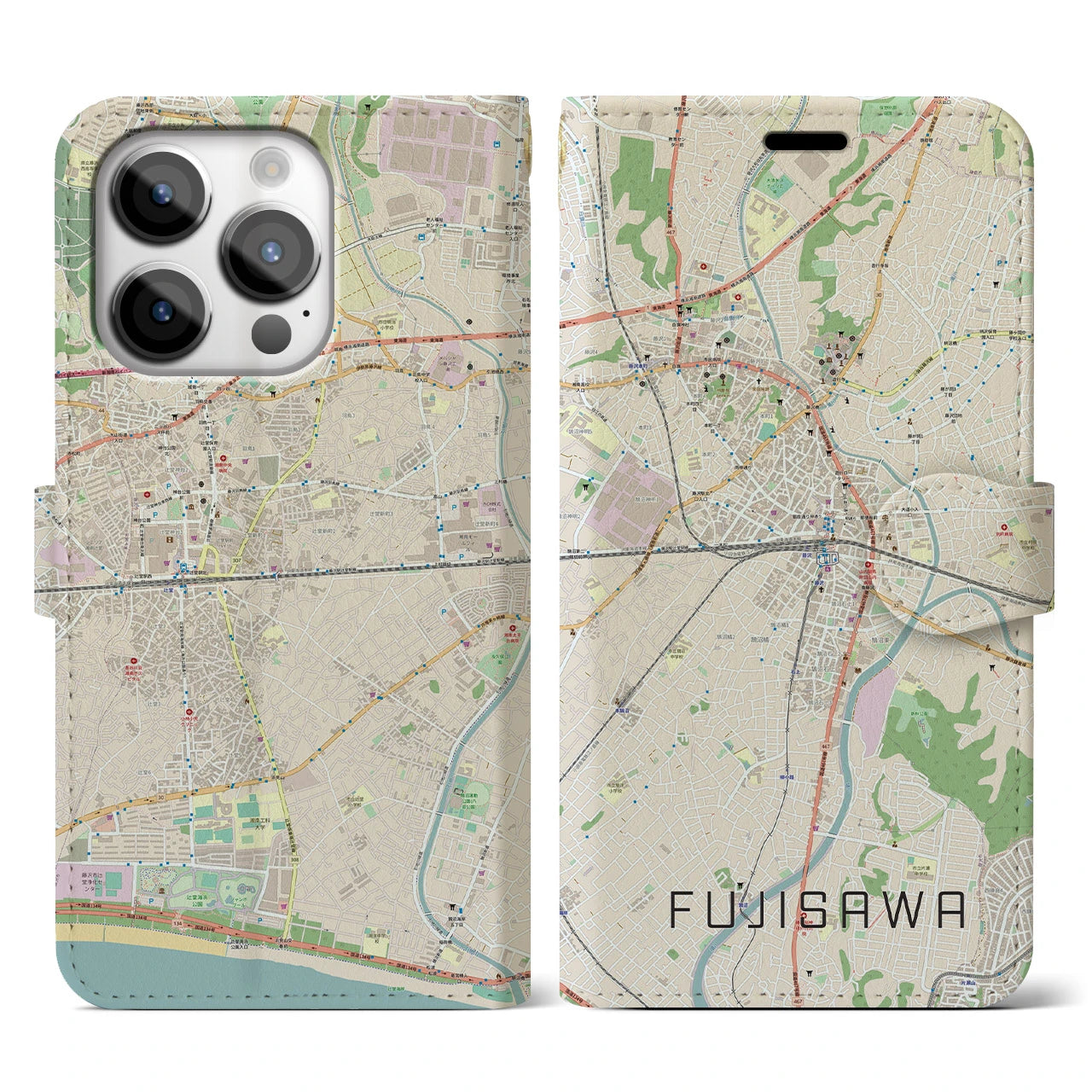 【藤沢】地図柄iPhoneケース（手帳両面タイプ・ナチュラル）iPhone 14 Pro 用