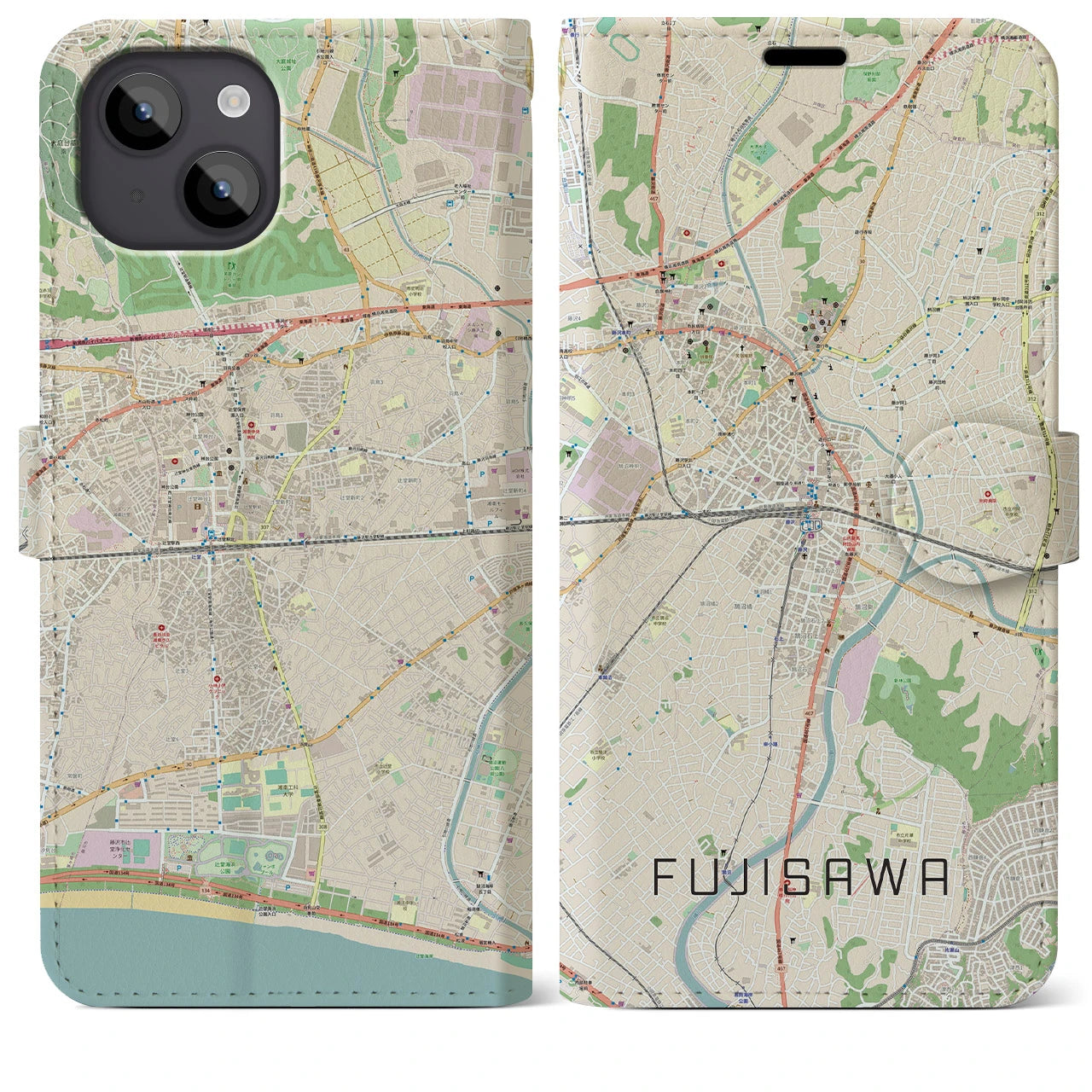 【藤沢】地図柄iPhoneケース（手帳両面タイプ・ナチュラル）iPhone 14 Plus 用