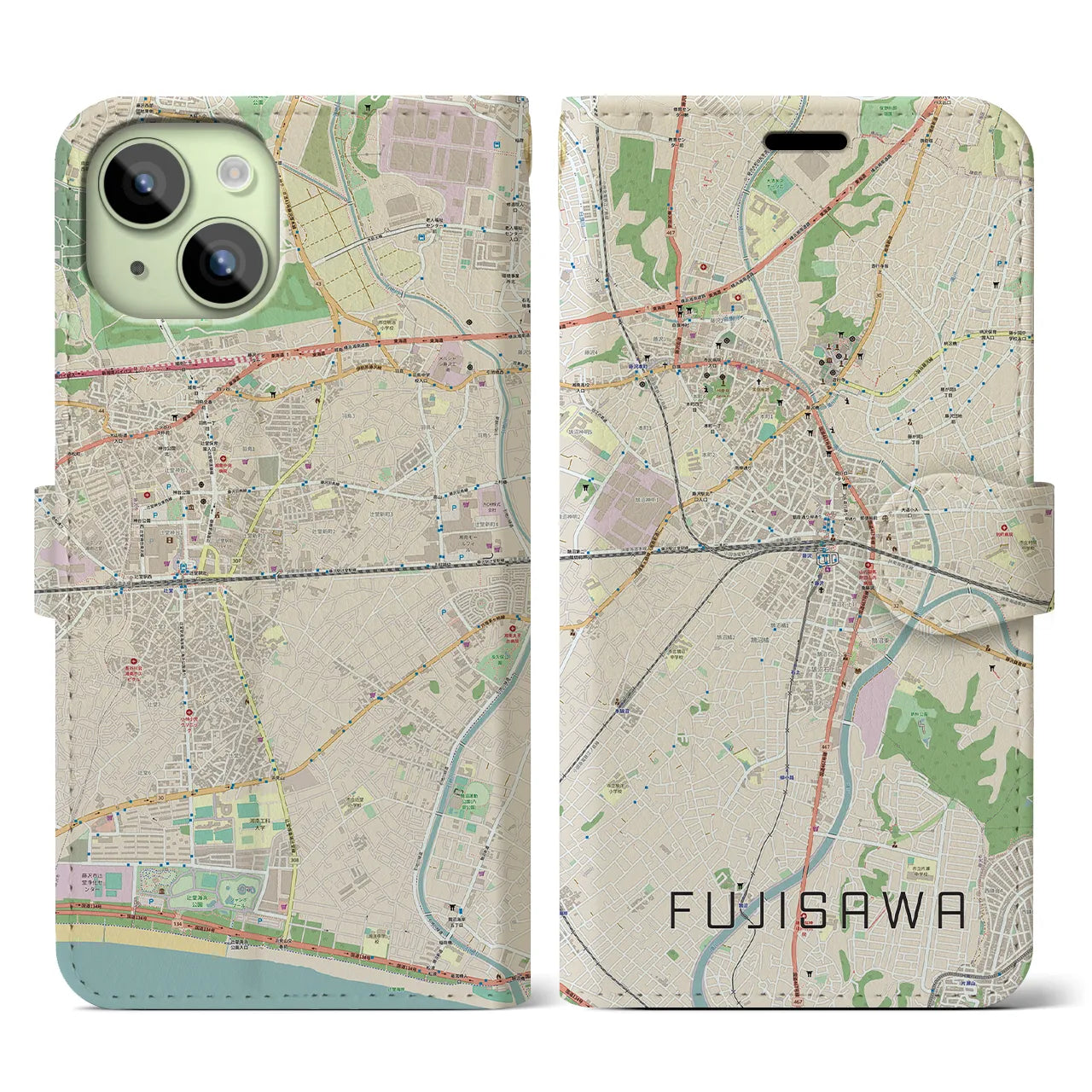 【藤沢】地図柄iPhoneケース（手帳両面タイプ・ナチュラル）iPhone 15 用