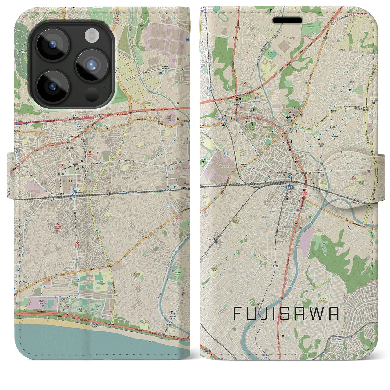 【藤沢】地図柄iPhoneケース（手帳両面タイプ・ナチュラル）iPhone 15 Pro Max 用