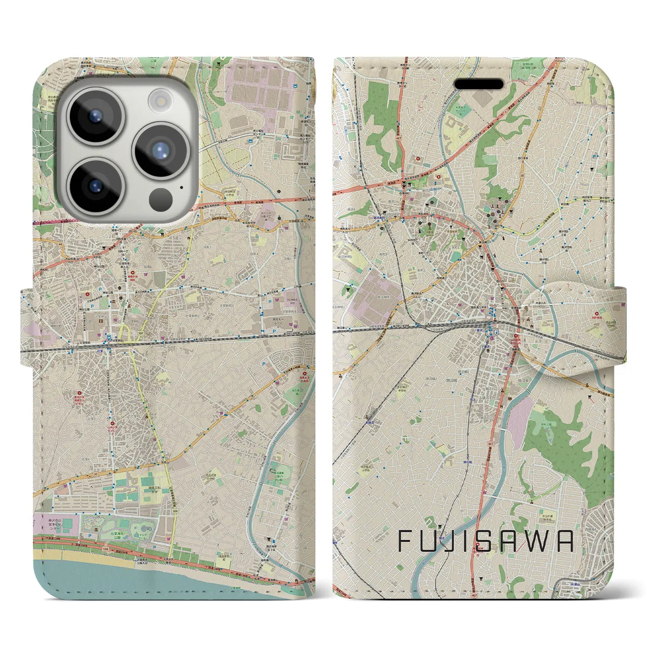 【藤沢】地図柄iPhoneケース（手帳両面タイプ・ナチュラル）iPhone 15 Pro 用