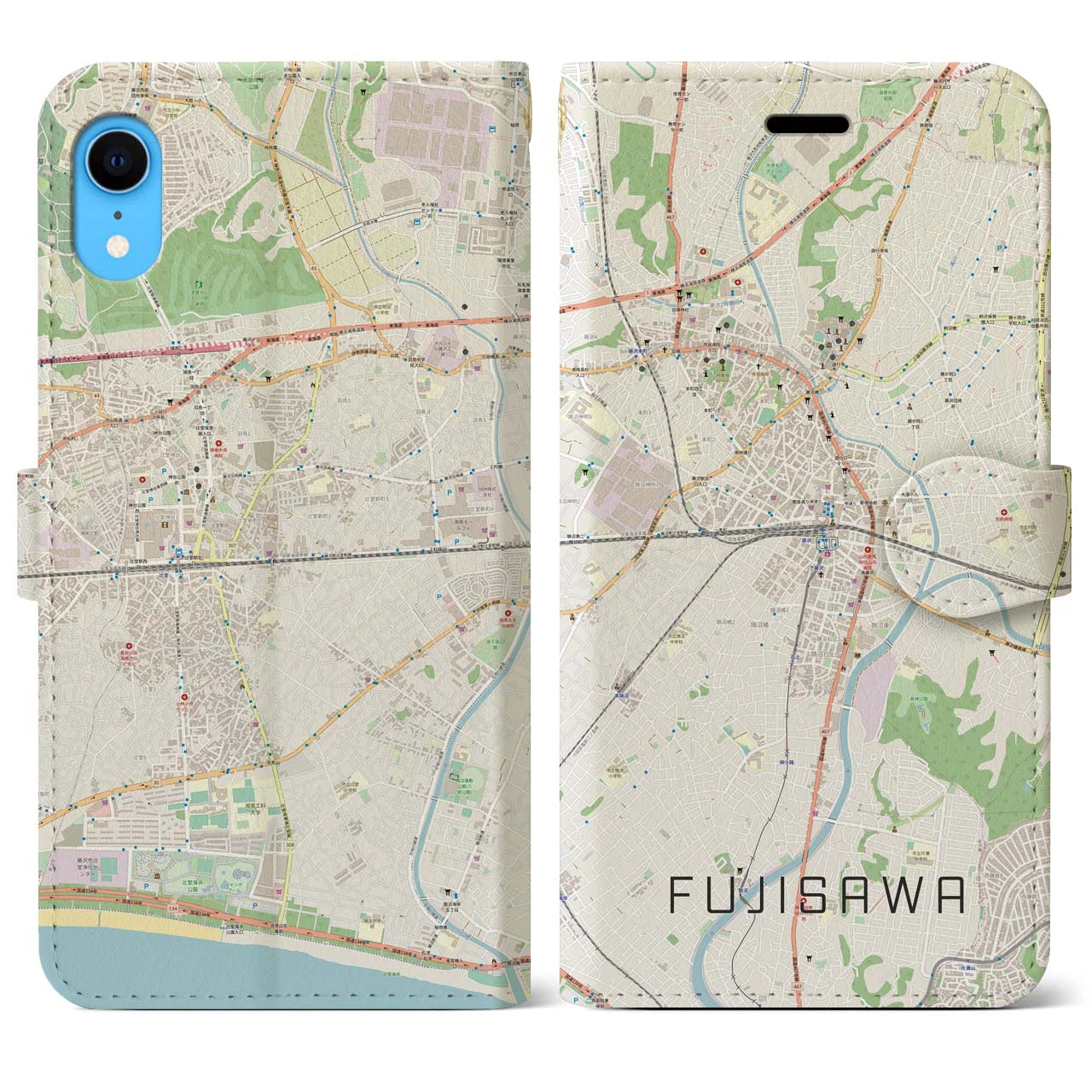 【藤沢】地図柄iPhoneケース（手帳両面タイプ・ナチュラル）iPhone XR 用