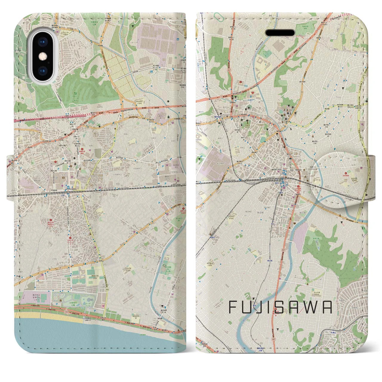 【藤沢】地図柄iPhoneケース（手帳両面タイプ・ナチュラル）iPhone XS Max 用