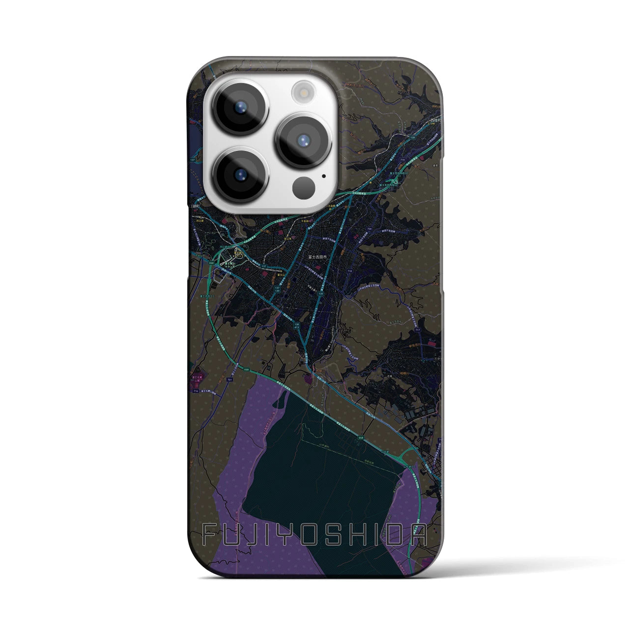 【富士吉田】地図柄iPhoneケース（バックカバータイプ・ブラック）iPhone 14 Pro 用