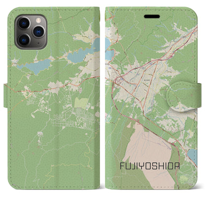 【富士吉田（山梨県）】地図柄iPhoneケース（手帳タイプ）ナチュラル・iPhone 11 Pro Max 用