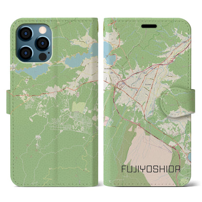 【富士吉田（山梨県）】地図柄iPhoneケース（手帳タイプ）ナチュラル・iPhone 12 / 12 Pro 用