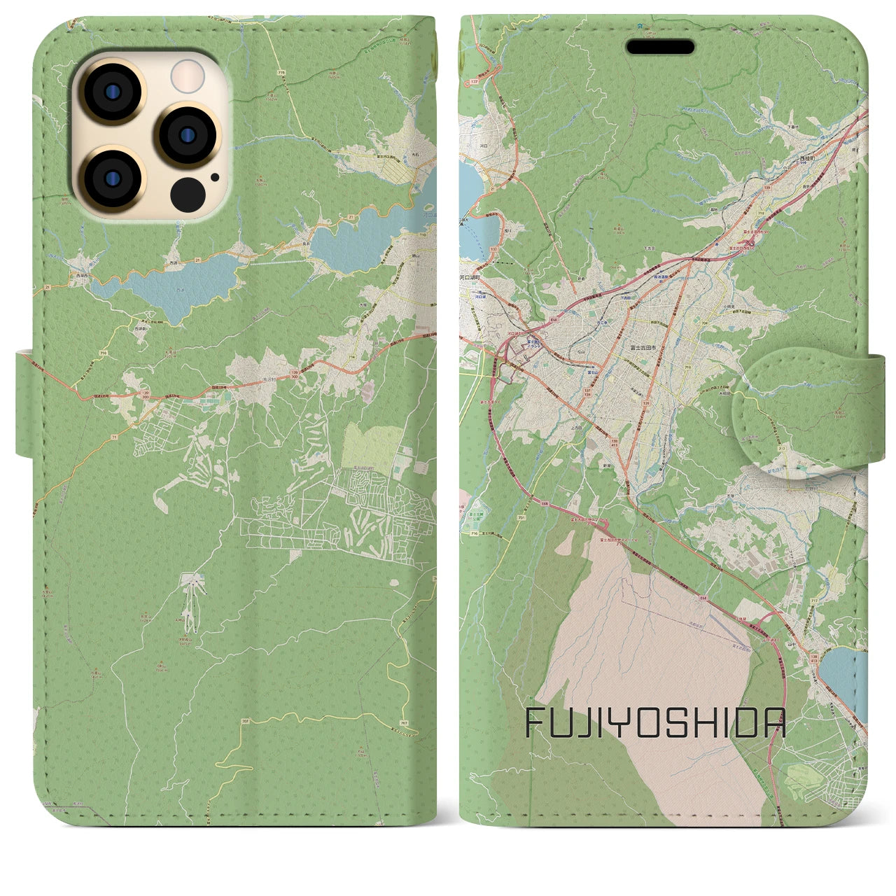 【富士吉田】地図柄iPhoneケース（手帳両面タイプ・ナチュラル）iPhone 12 Pro Max 用