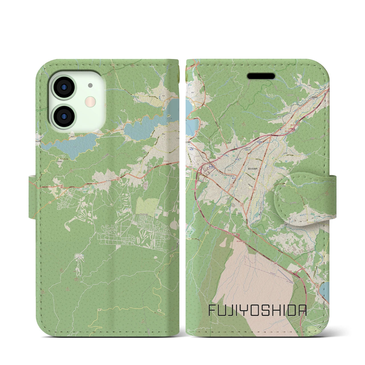 【富士吉田】地図柄iPhoneケース（手帳両面タイプ・ナチュラル）iPhone 12 mini 用