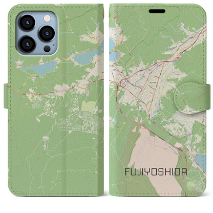【富士吉田（山梨県）】地図柄iPhoneケース（手帳タイプ）ナチュラル・iPhone 13 Pro Max 用