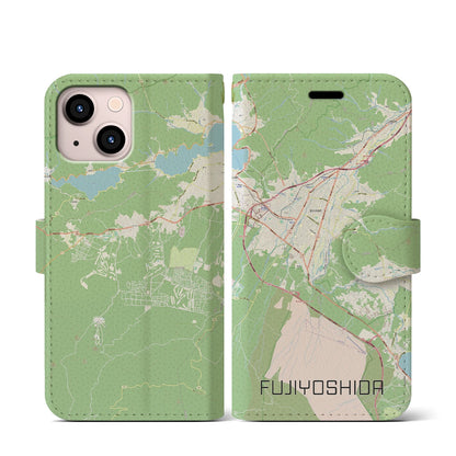 【富士吉田（山梨県）】地図柄iPhoneケース（手帳タイプ）ナチュラル・iPhone 13 mini 用