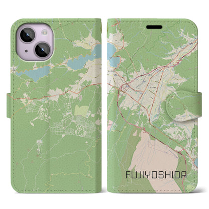 【富士吉田（山梨県）】地図柄iPhoneケース（手帳タイプ）ナチュラル・iPhone 14 用