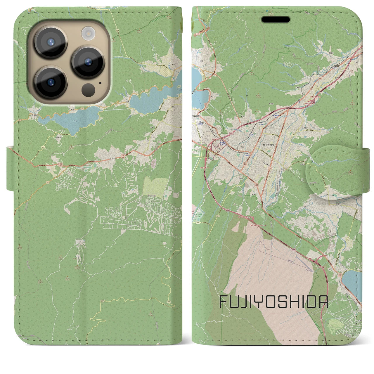 【富士吉田】地図柄iPhoneケース（手帳両面タイプ・ナチュラル）iPhone 14 Pro Max 用