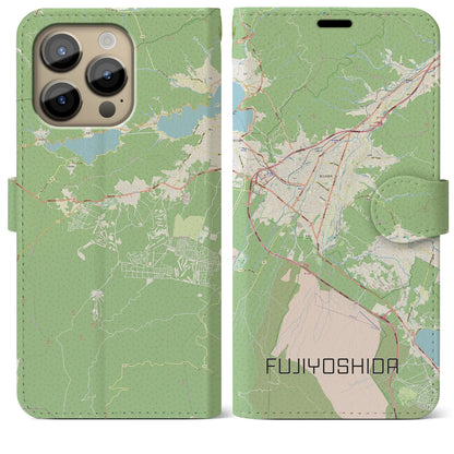 【富士吉田（山梨県）】地図柄iPhoneケース（手帳タイプ）ナチュラル・iPhone 14 Pro Max 用