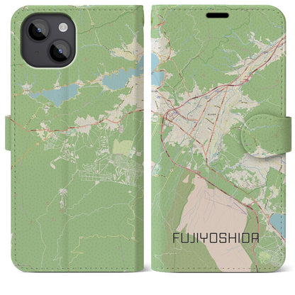 【富士吉田（山梨県）】地図柄iPhoneケース（手帳タイプ）ナチュラル・iPhone 14 Plus 用