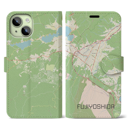 【富士吉田（山梨県）】地図柄iPhoneケース（手帳タイプ）ナチュラル・iPhone 15 用