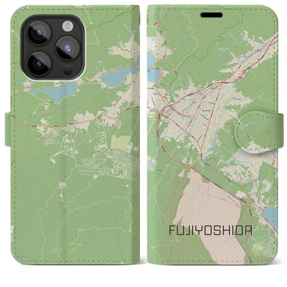 【富士吉田（山梨県）】地図柄iPhoneケース（手帳タイプ）ナチュラル・iPhone 15 Pro Max 用