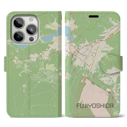 【富士吉田（山梨県）】地図柄iPhoneケース（手帳タイプ）ナチュラル・iPhone 15 Pro 用