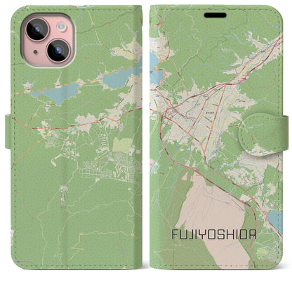 【富士吉田（山梨県）】地図柄iPhoneケース（手帳タイプ）ナチュラル・iPhone 15 Plus 用