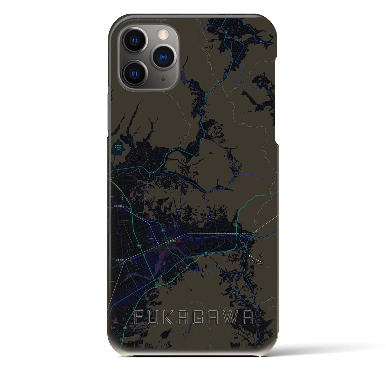 【深川（北海道）】地図柄iPhoneケース（バックカバータイプ・ブラック）iPhone 11 Pro Max 用