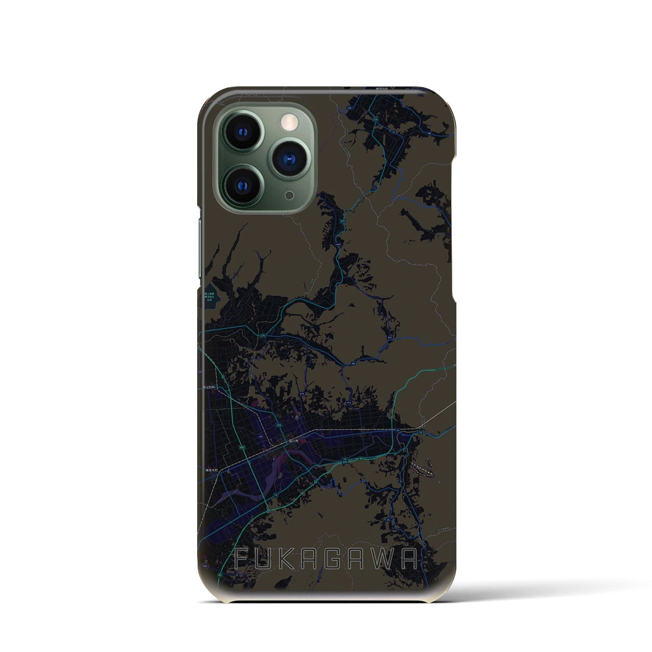 【深川（北海道）】地図柄iPhoneケース（バックカバータイプ・ブラック）iPhone 11 Pro 用