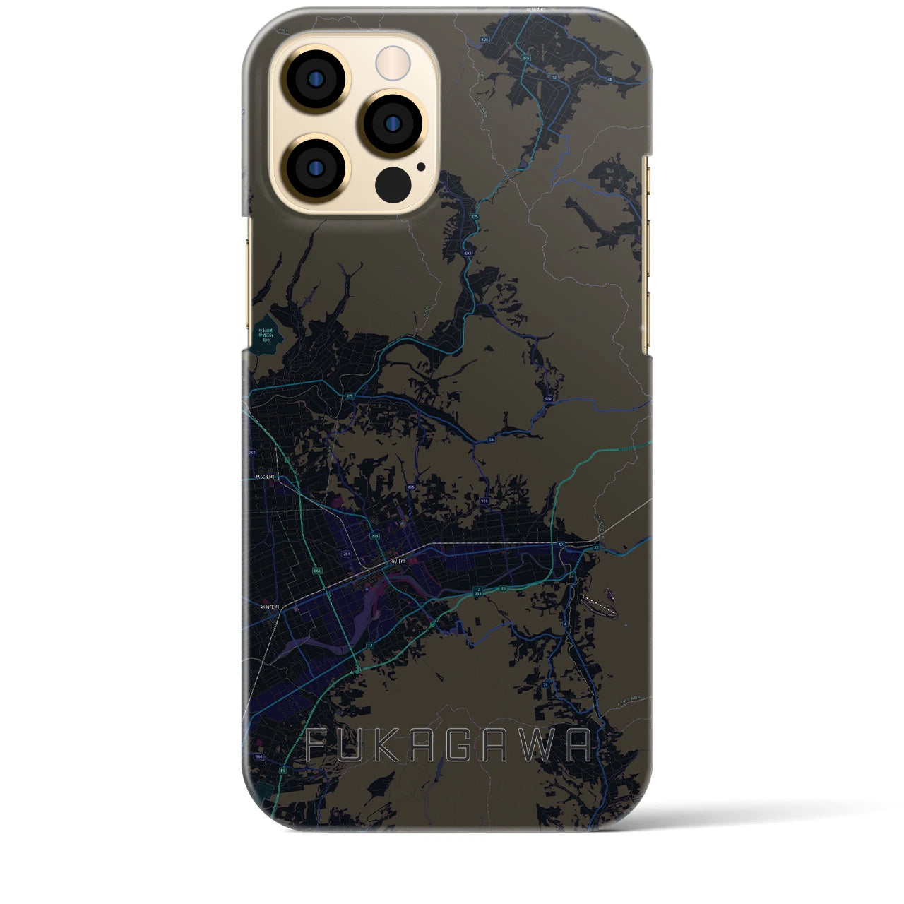 【深川（北海道）】地図柄iPhoneケース（バックカバータイプ・ブラック）iPhone 12 Pro Max 用