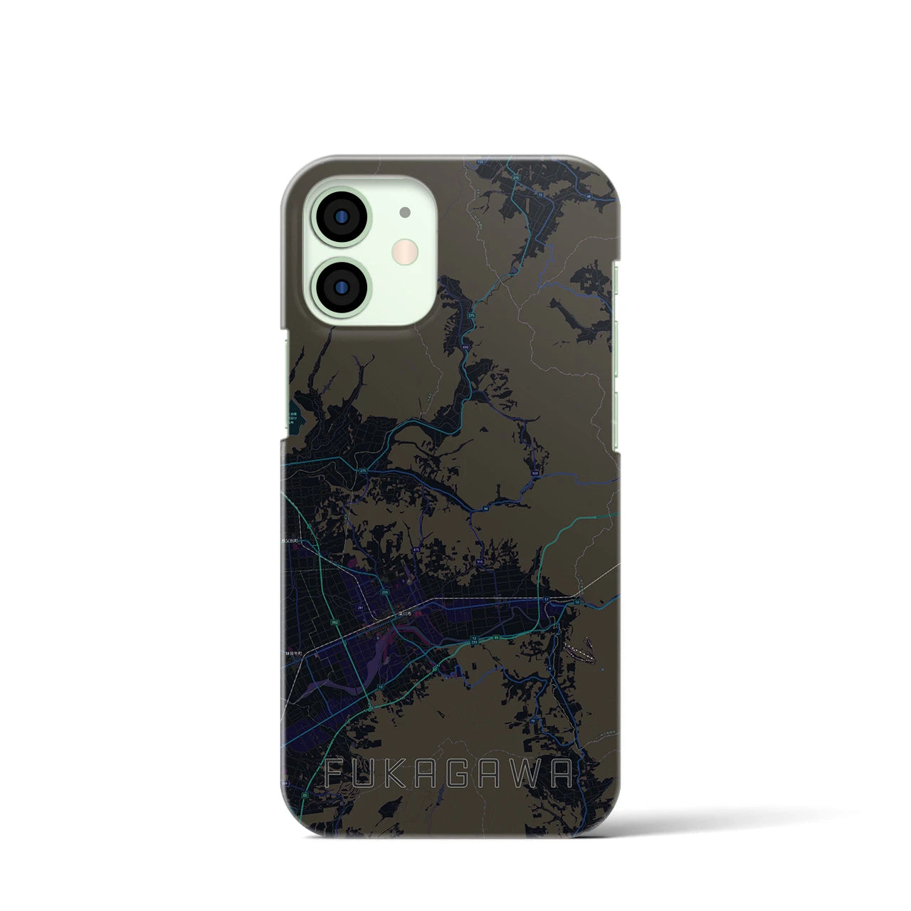 【深川（北海道）】地図柄iPhoneケース（バックカバータイプ・ブラック）iPhone 12 mini 用