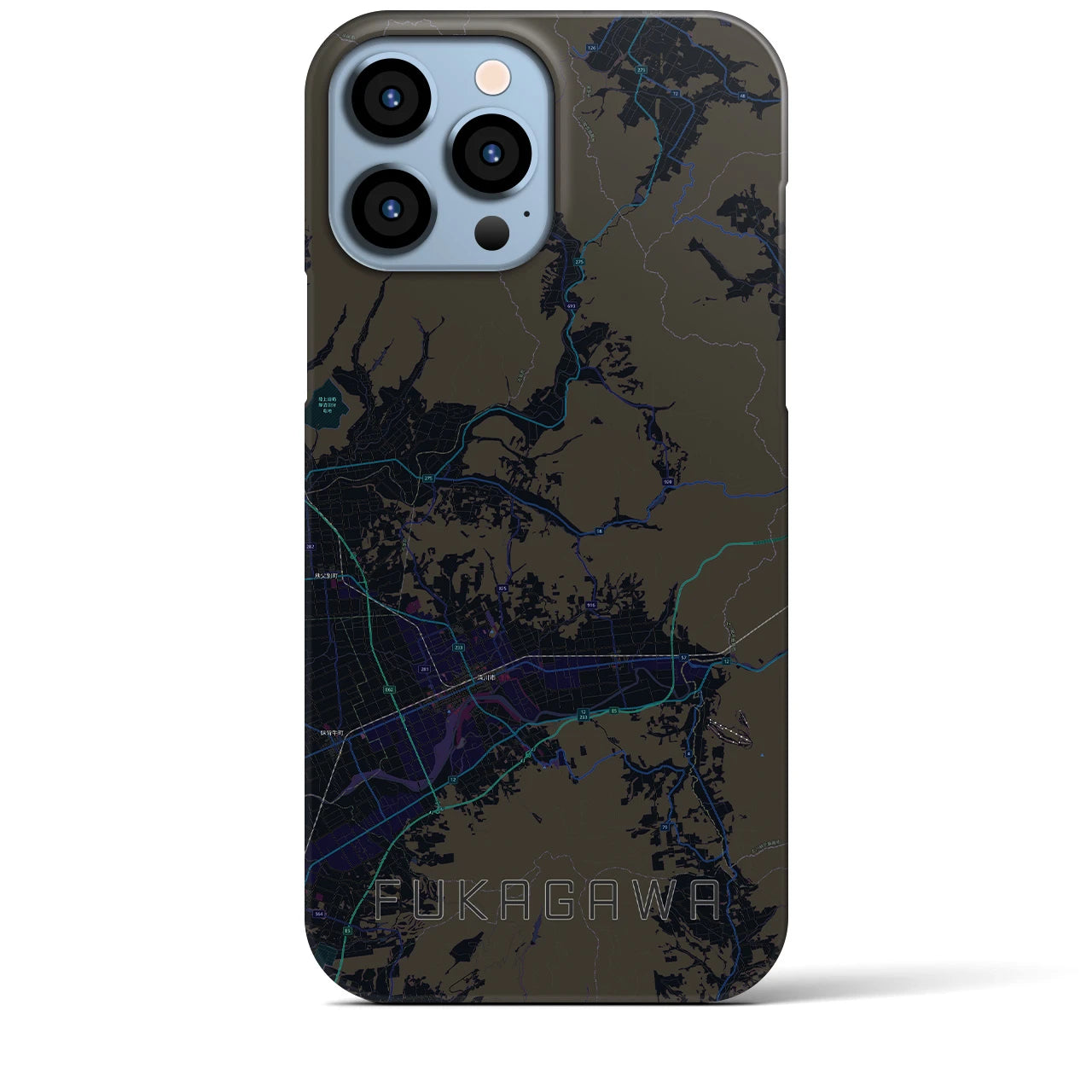 【深川（北海道）】地図柄iPhoneケース（バックカバータイプ・ブラック）iPhone 13 Pro Max 用