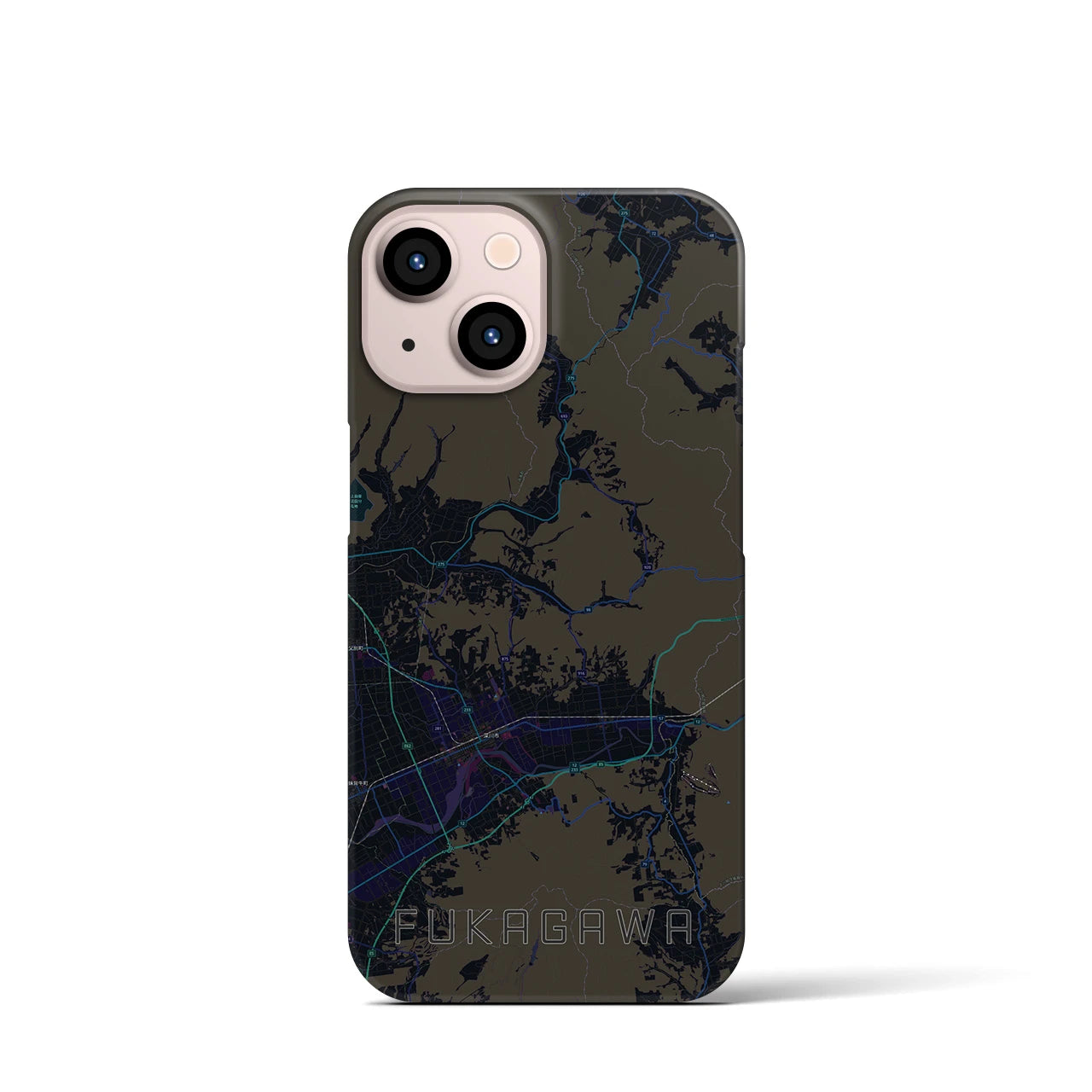 【深川（北海道）】地図柄iPhoneケース（バックカバータイプ・ブラック）iPhone 13 mini 用