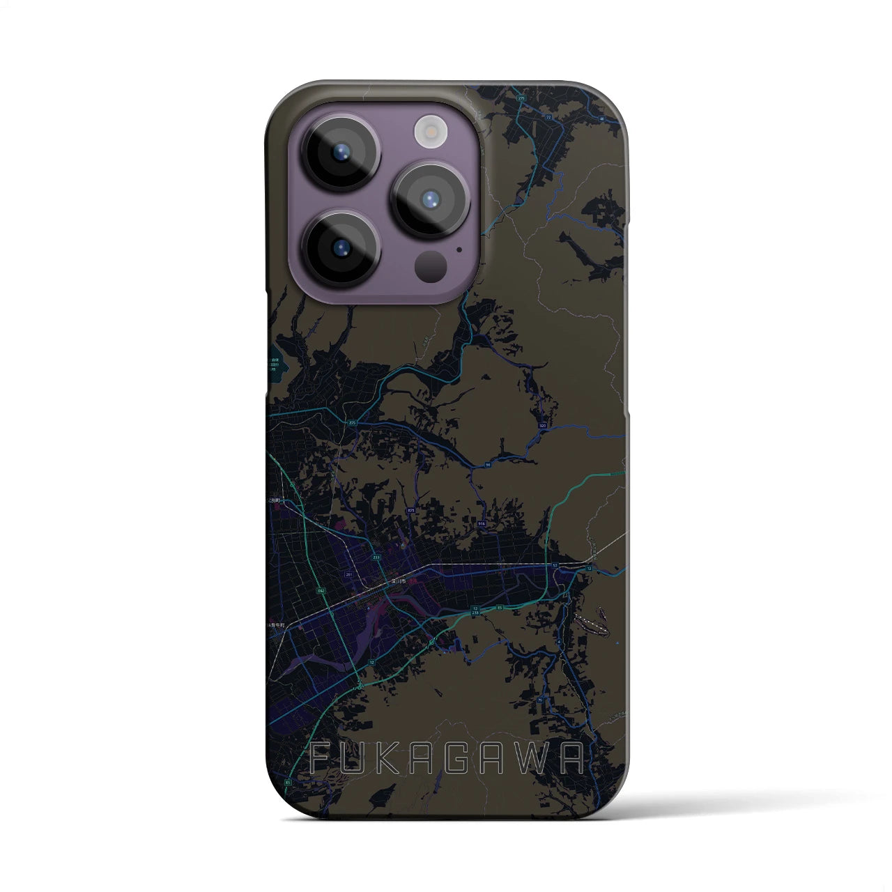【深川（北海道）】地図柄iPhoneケース（バックカバータイプ・ブラック）iPhone 14 Pro 用