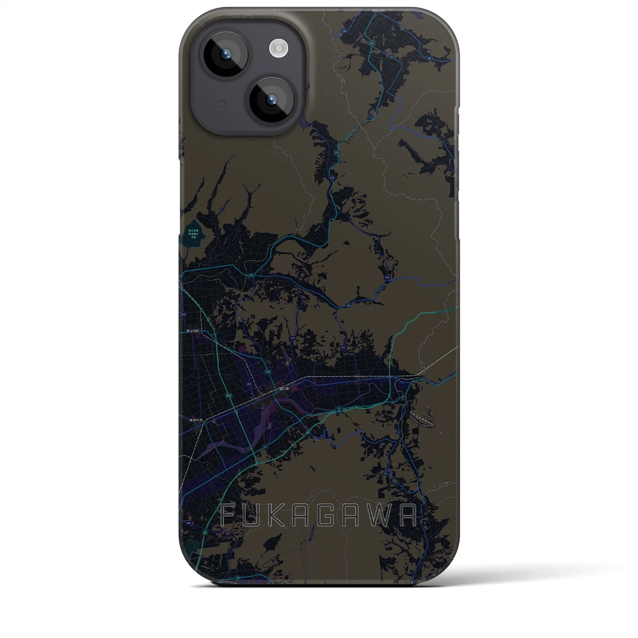 【深川（北海道）】地図柄iPhoneケース（バックカバータイプ・ブラック）iPhone 14 Plus 用
