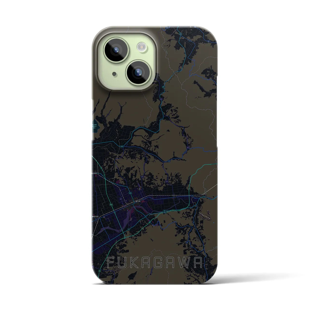 【深川（北海道）】地図柄iPhoneケース（バックカバータイプ・ブラック）iPhone 15 用