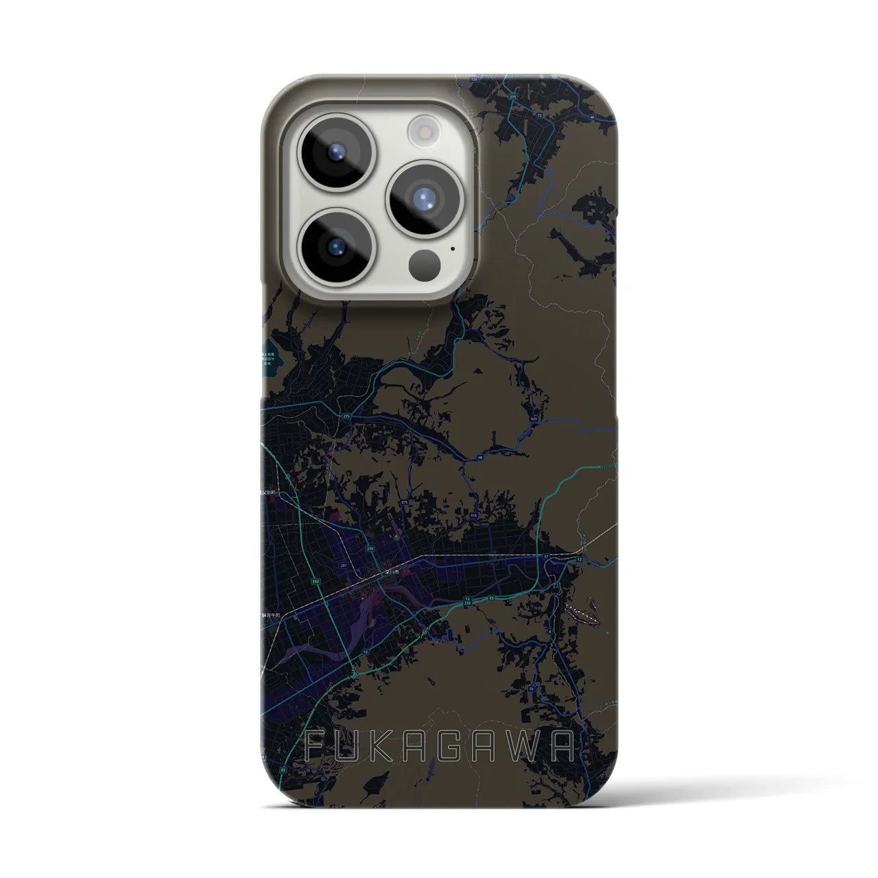【深川（北海道）】地図柄iPhoneケース（バックカバータイプ・ブラック）iPhone 15 Pro 用