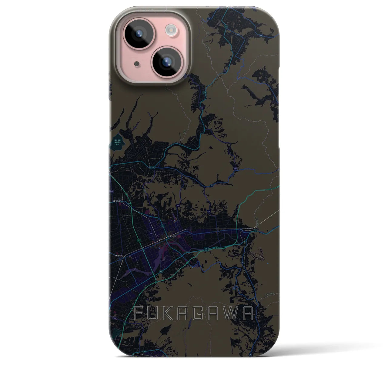 【深川（北海道）】地図柄iPhoneケース（バックカバータイプ・ブラック）iPhone 15 Plus 用