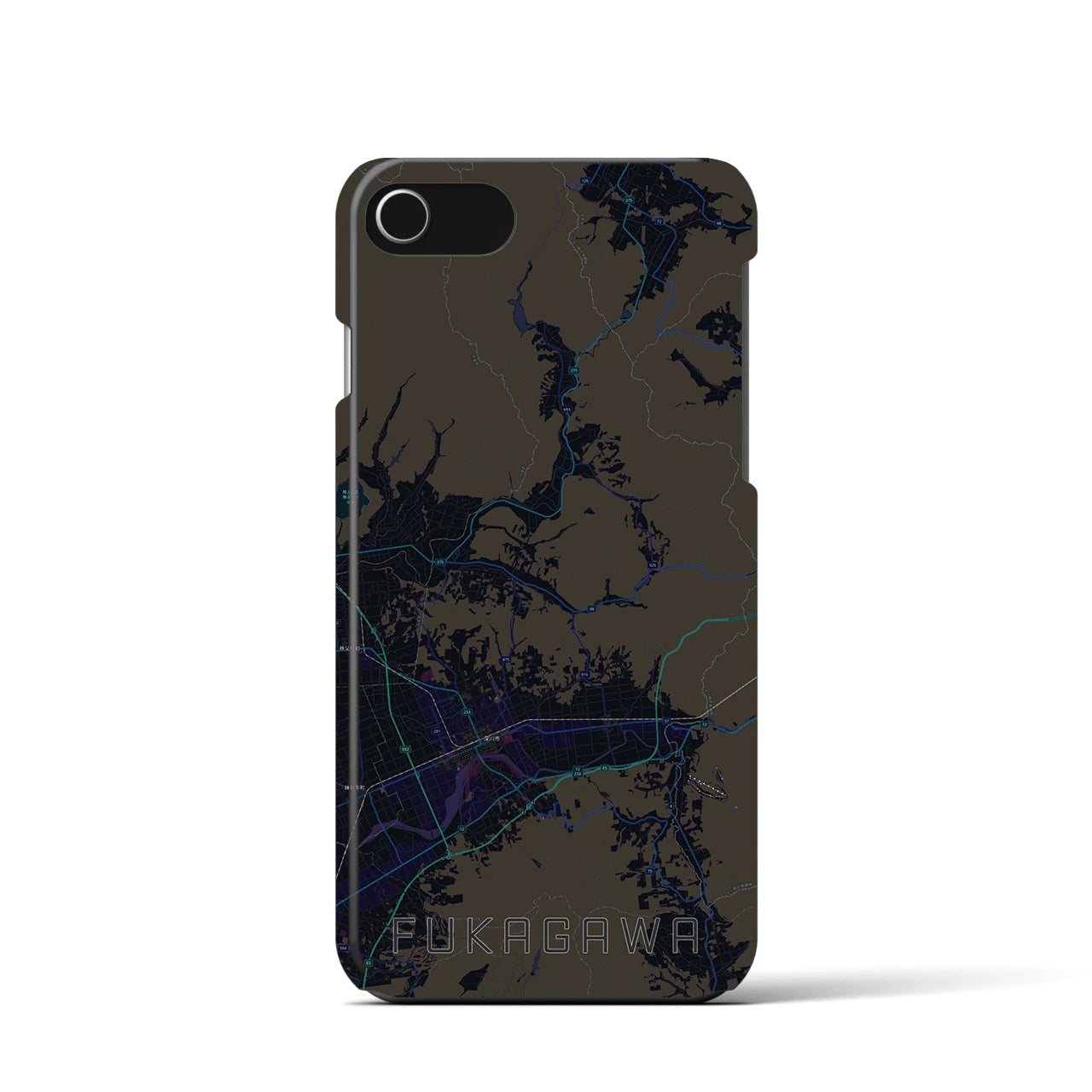 【深川（北海道）】地図柄iPhoneケース（バックカバータイプ・ブラック）iPhone SE（第3 / 第2世代） / 8 / 7 / 6s / 6 用