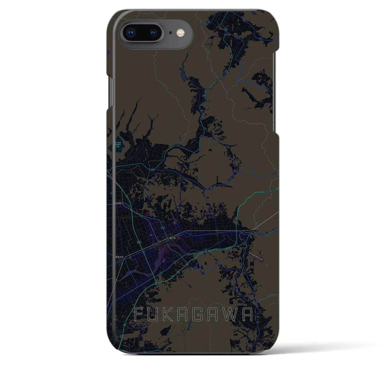 【深川（北海道）】地図柄iPhoneケース（バックカバータイプ・ブラック）iPhone 8Plus /7Plus / 6sPlus / 6Plus 用